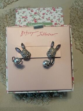 Betsey Johnson Silver Bunny jacket earrings